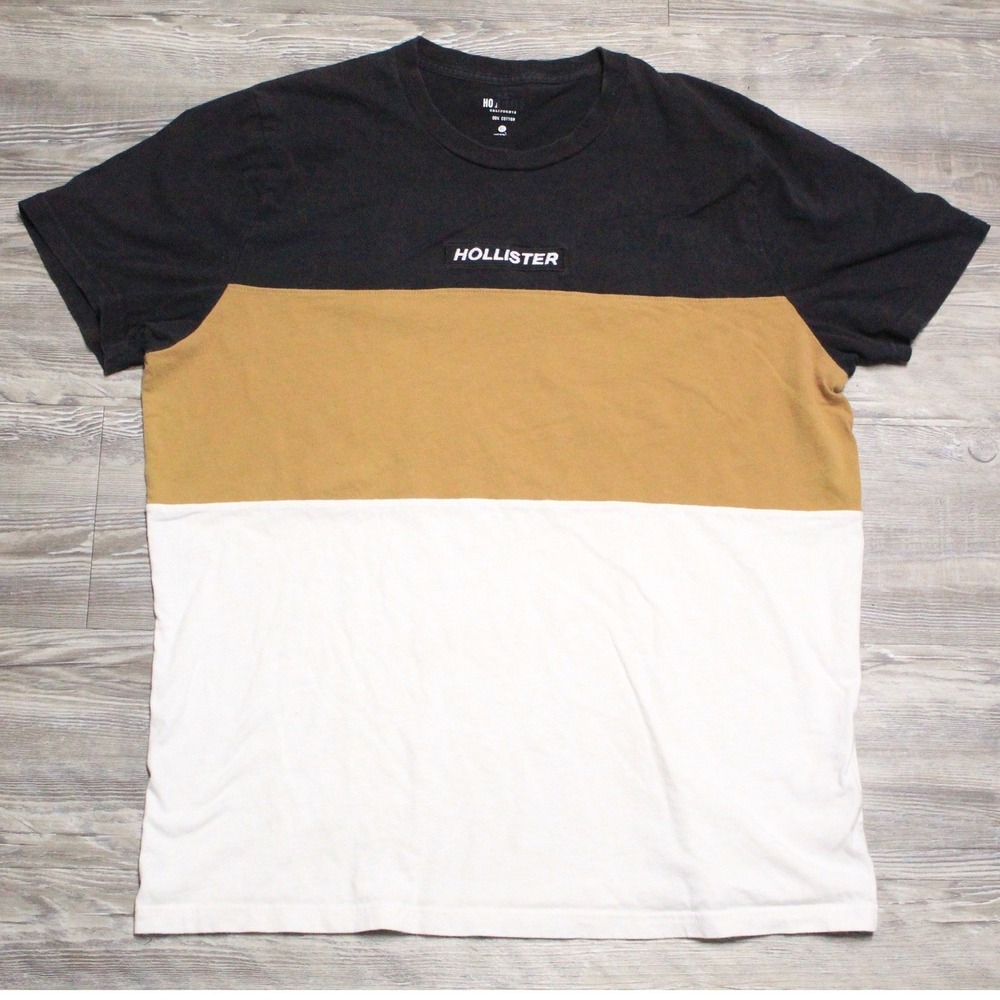 Hollister Men's Colorblock Crew Neck T-Shirt Black Tan White XL Short Sleeve